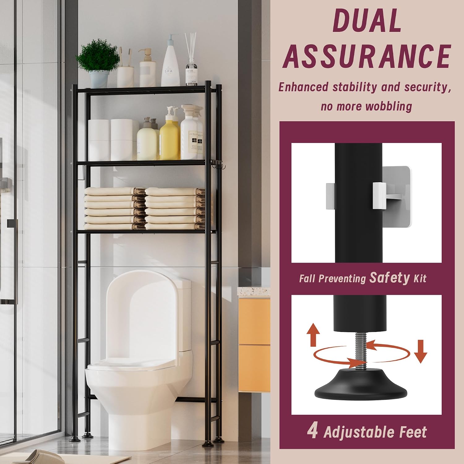 3-Tier Over The Toilet Storage Cabinet with Paper Holder and 4 Hooks, Metal Over Toilet Bathroom Organizer and