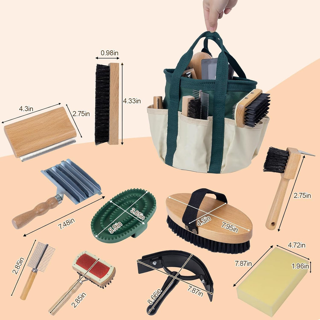 13-Piece Horse Grooming kit for Daily Care,Complete Horse Supplies Set with Wood Brushes, Tack Essentials, Curry