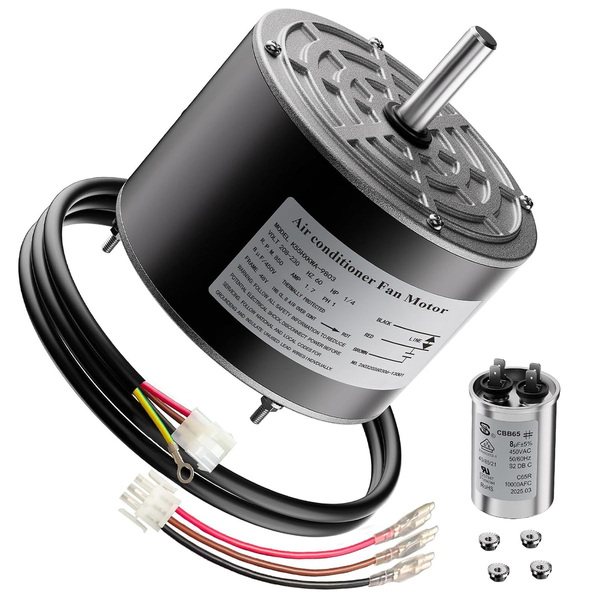 K55HXKWA-9803 Condenser Fan Motor Replacement for York Coleman Luxaire, Compatible with 1743 S1-02427596000 S1-02427596700 024-27596-000, 1/4 HP 208-230V 850RPM 48Y Frame 8uF Capacitor