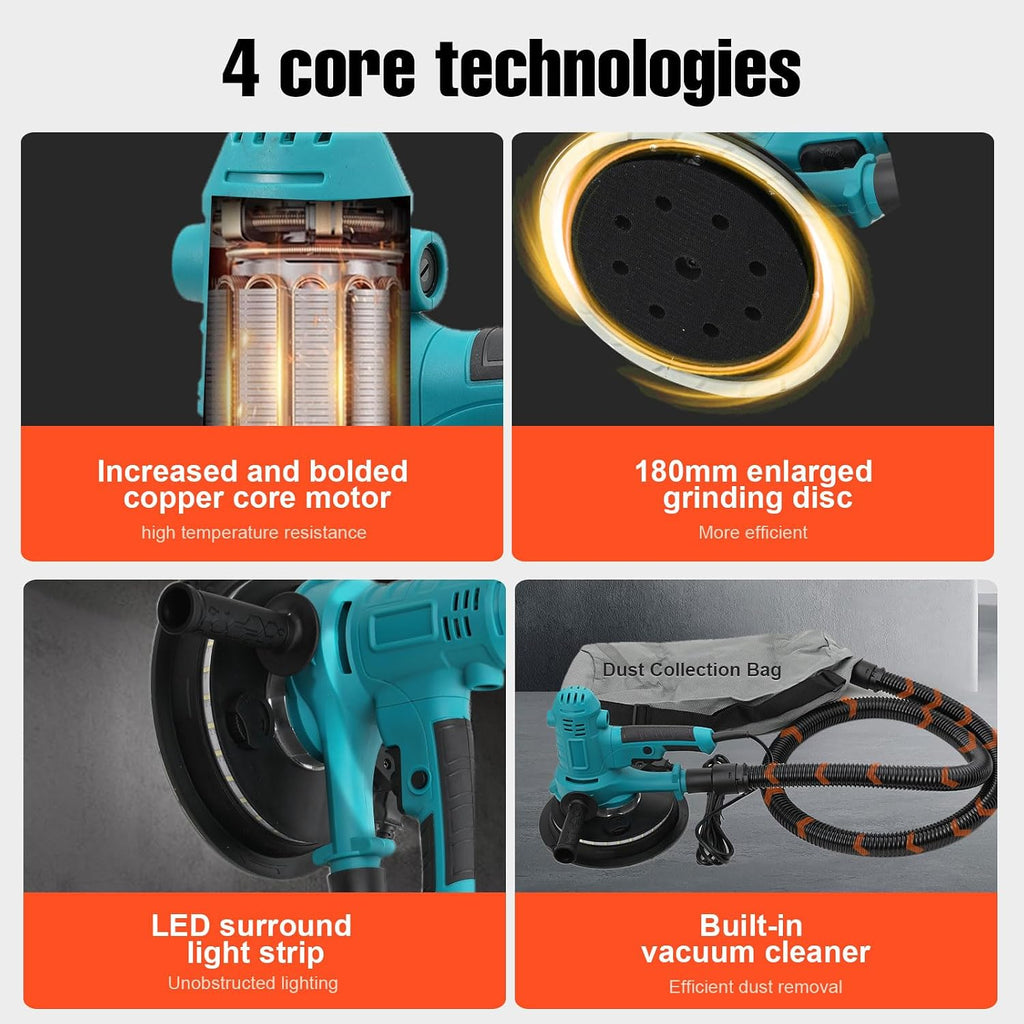 Variable Speed Handheld Electric Drywall Sander with Self-Dust-Extraction | Variable Speed 1200–2500 RPM Wall Sander