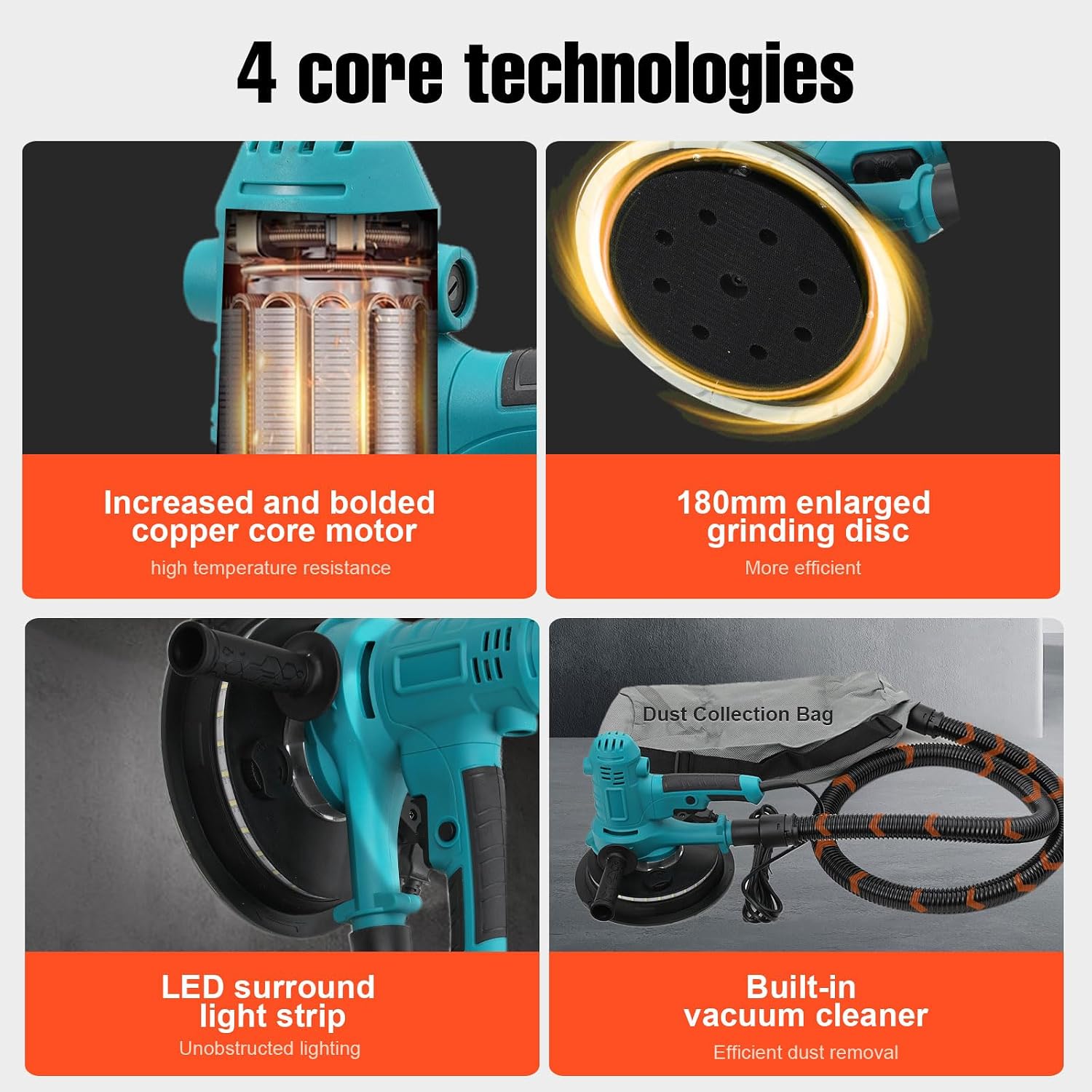 Variable Speed Handheld Electric Drywall Sander with Self-Dust-Extraction | Variable Speed 1200–2500 RPM Wall Sander