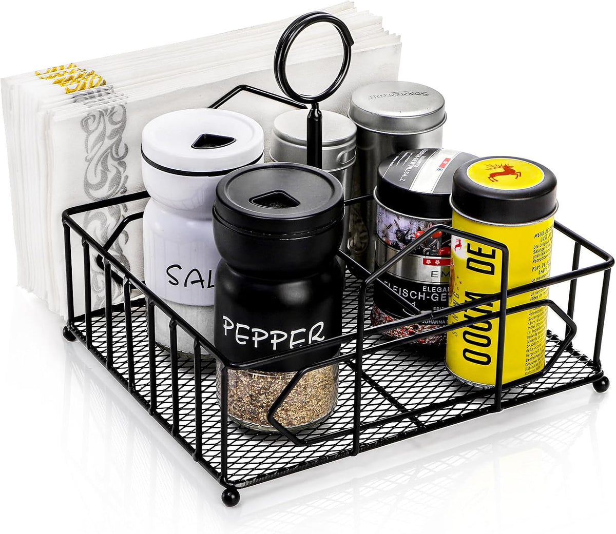 Metal Napkin Holder with Salt and Pepper Shakers, 2-in-1 Condiment Holder for Table, 4 Compartment Restaurant Wrought