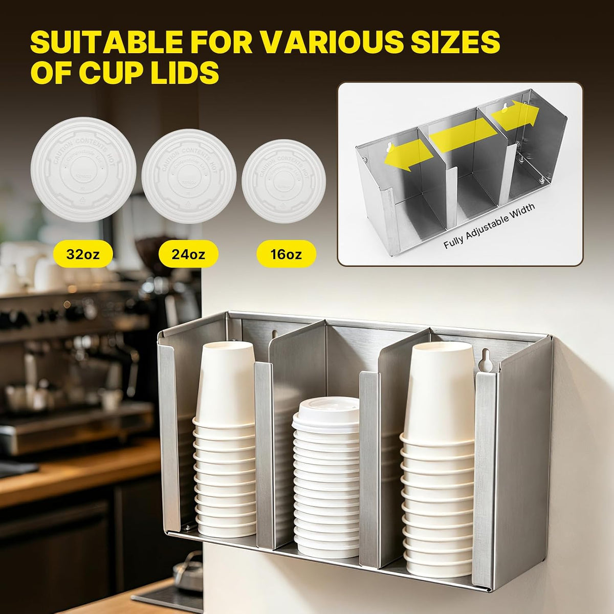 Stainless Steel Cup Dispenser, 3 Compartments Cup & Lid Holder
