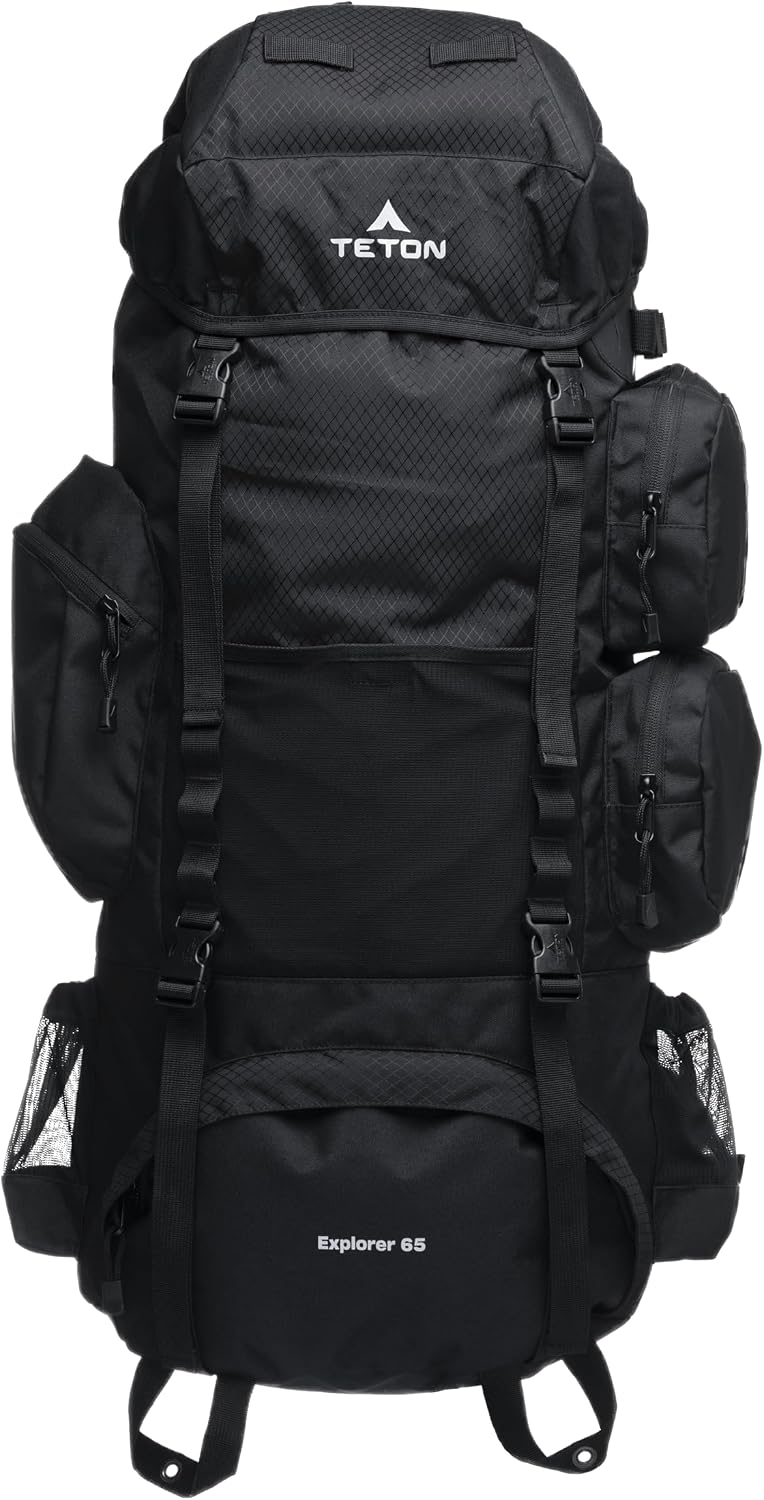 Teton 65L Explorer Internal Frame Backpack for Hiking, Camping, Backpacking, Rain Cover Included, Black