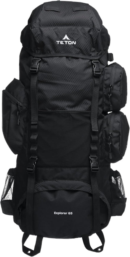 Teton 65L Explorer Internal Frame Backpack for Hiking, Camping, Backpacking, Rain Cover Included, Black