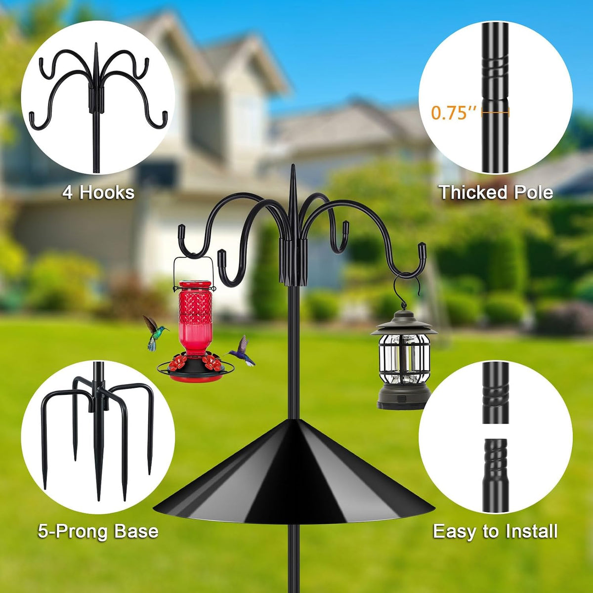 Heavy Duty Shepherds Hook Squirrel-Proof Bird Feeder Pole 92" Four Hooks 5-Prong Base & 19" Baffle for Outdoor