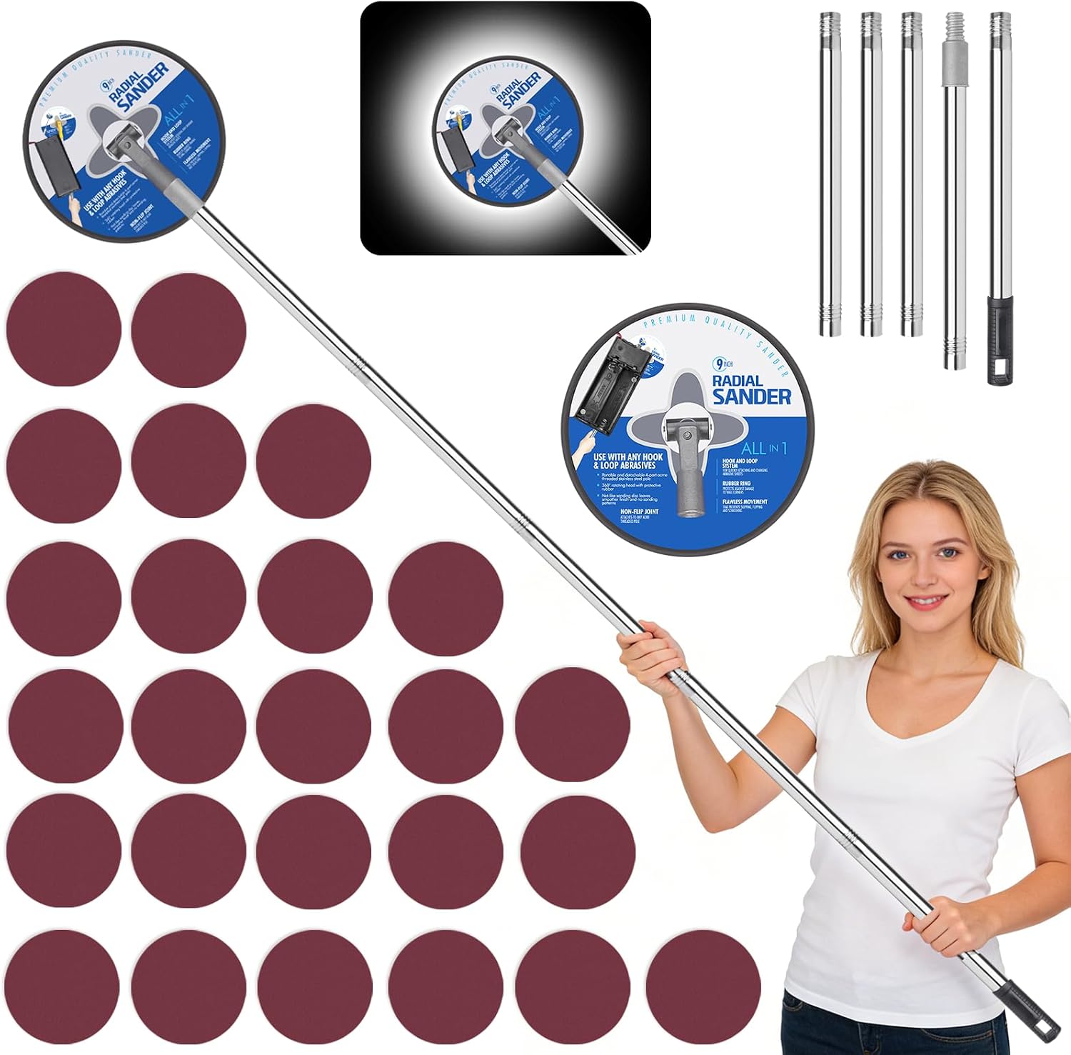 Drywall Pole Sander with 360° LED & 25 Pcs Sandpaper for Low-Light Sanding | Highlights Uneven Spots, 5-Piece