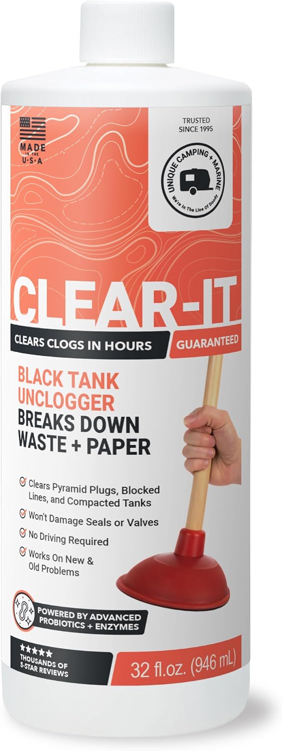 Clear-It Liquid RV Black Tank Unclogger, 32 oz | Breaks through pyramid plugs, compacted waste, & clogged pipes; RV