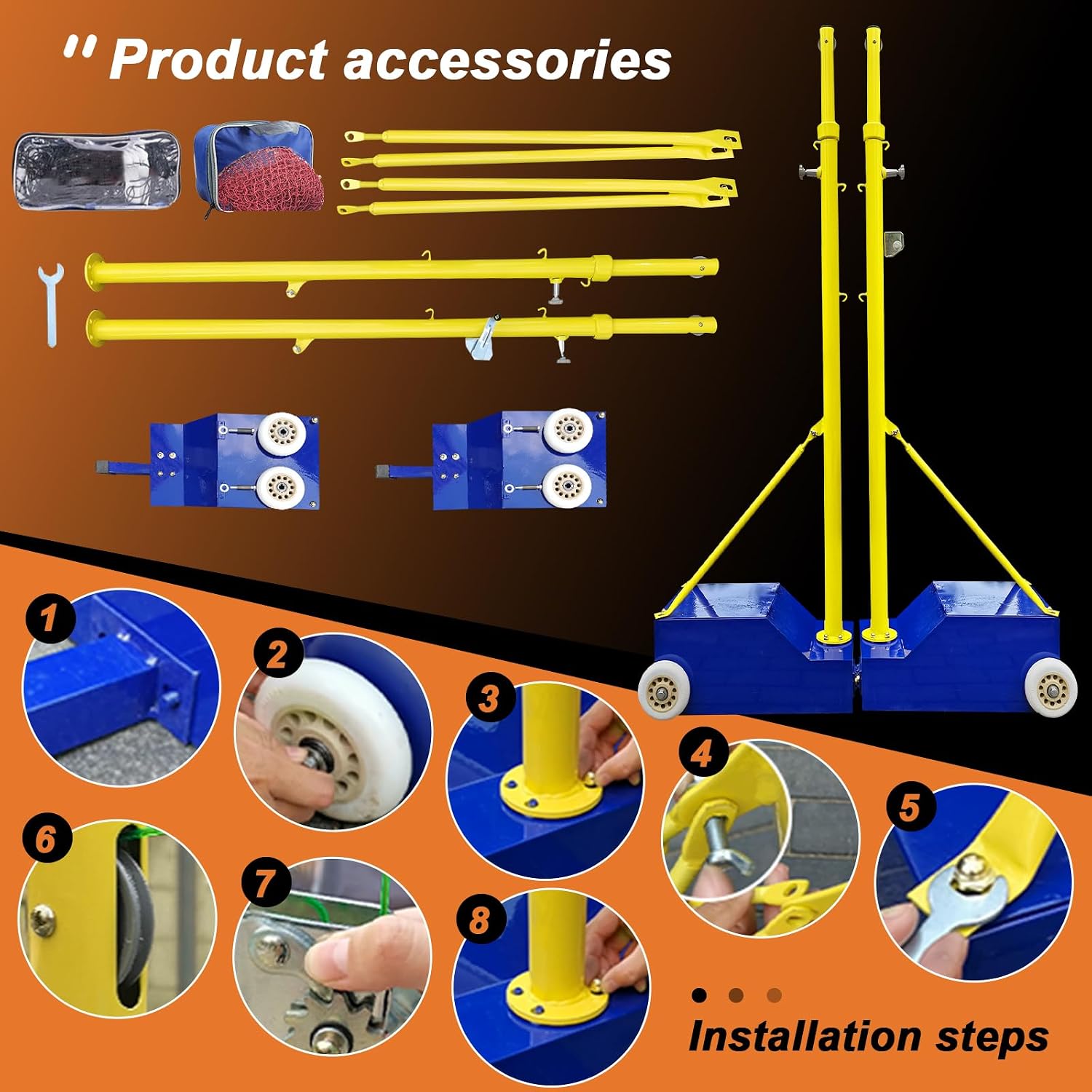 Adjustable Volleyball Badminton Net System with Wheels, 4 Height Settings 5ft-6.9ft | Heavy-duty steel frame dual