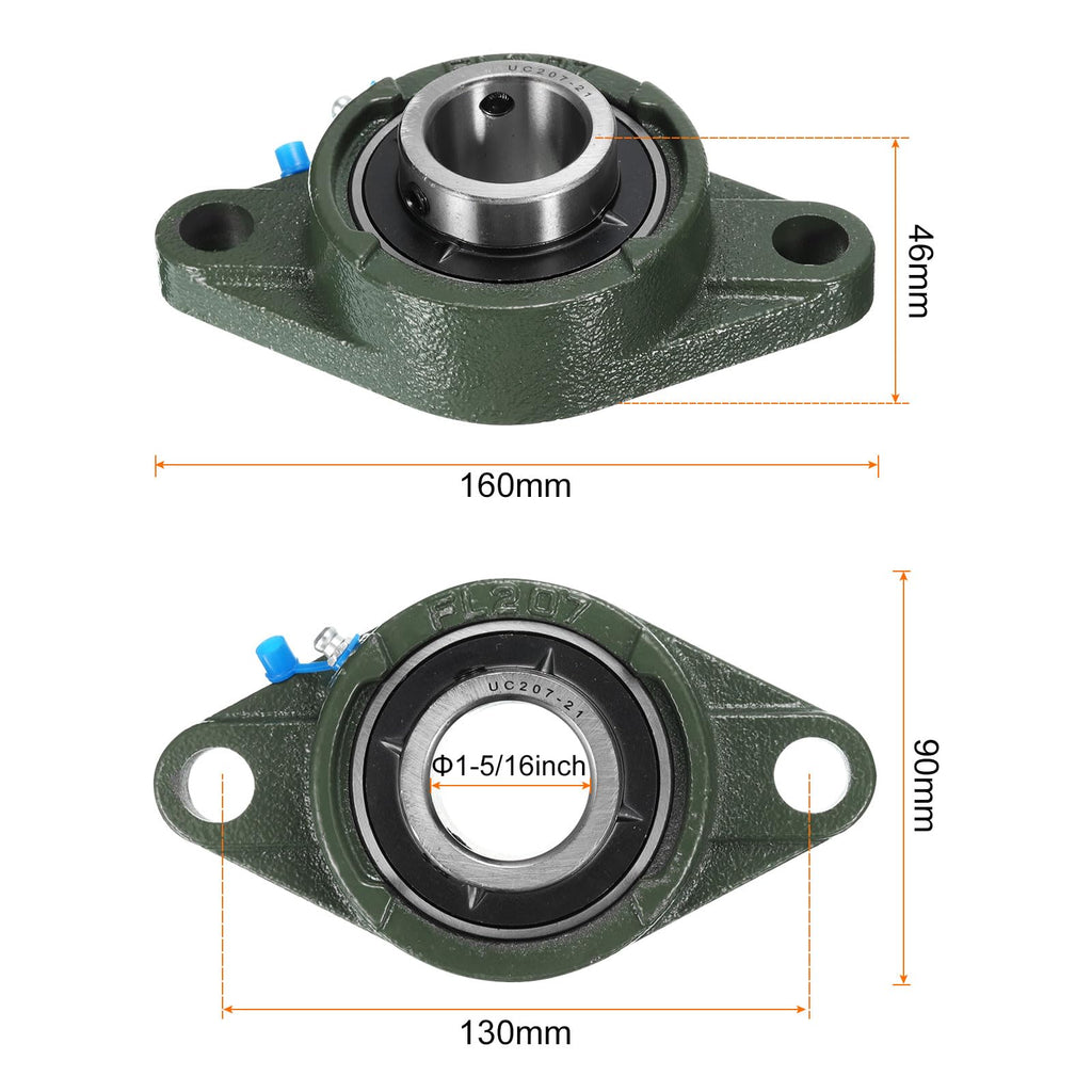 uxcell 2pcs UCFL207-21 Pillow Block Bearings 1-5/16 inch Bore Self Alignment, Solid Cast Iron Base Mounted Chrome Steel Bearings