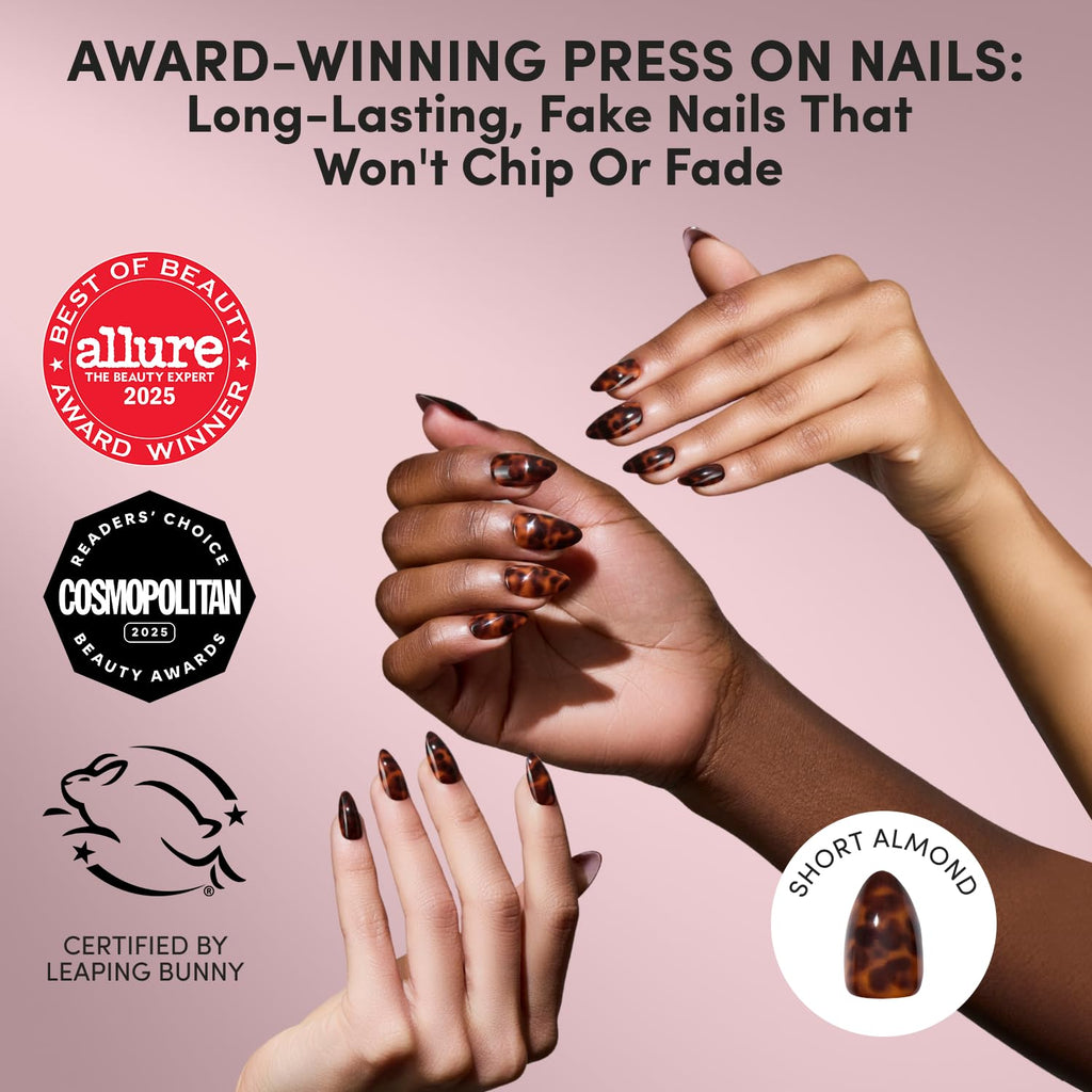Press On Nails - Short Almond, Glossy Fake Nails 30 Pc Full Kit