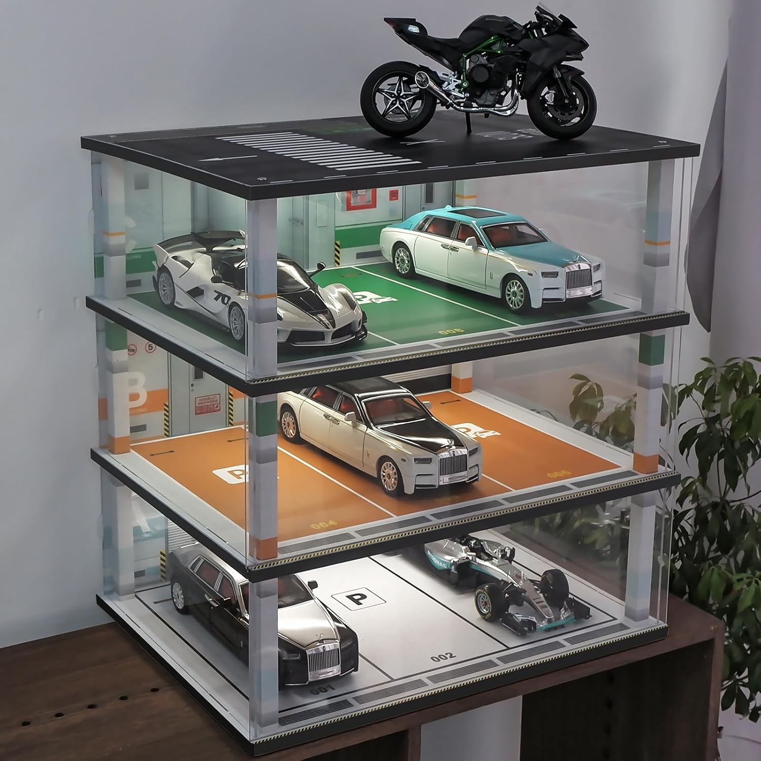 Model Car Display Case 1:18 Scale Diecast Diorama Garage with Lights for Lego Alloy Car Collectibles Wood Storage