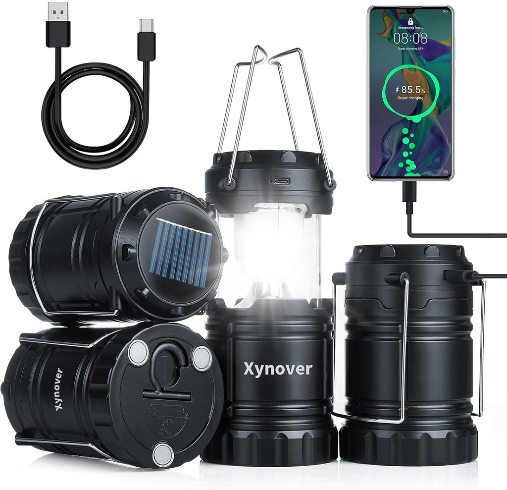 4-Pack Solar Camping Lanterns,Rechargeable LED with USB/Solar/AA Battery,Magnetic Base,Hanging Hook,Collapsible
