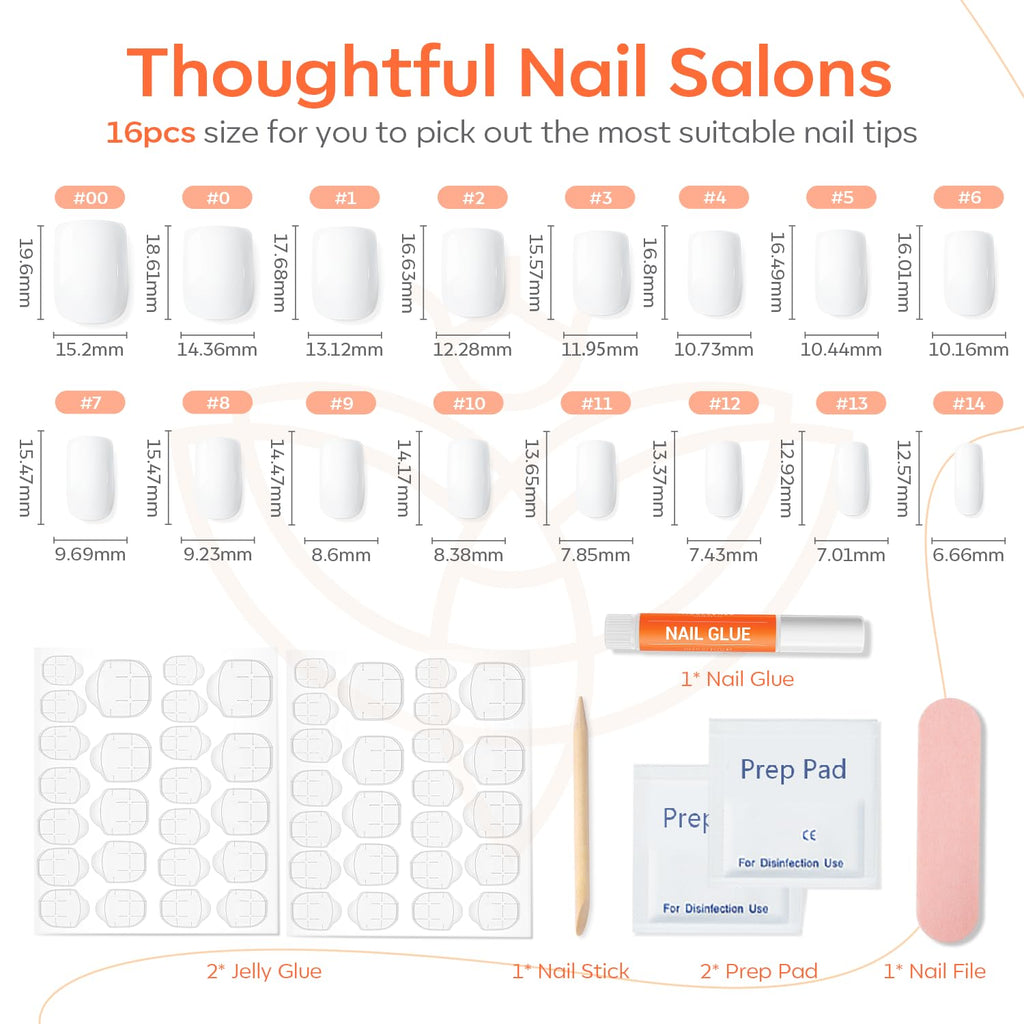 Pure White Press on Nails Short Square 32Pcs 16 Sizes Fake Nails