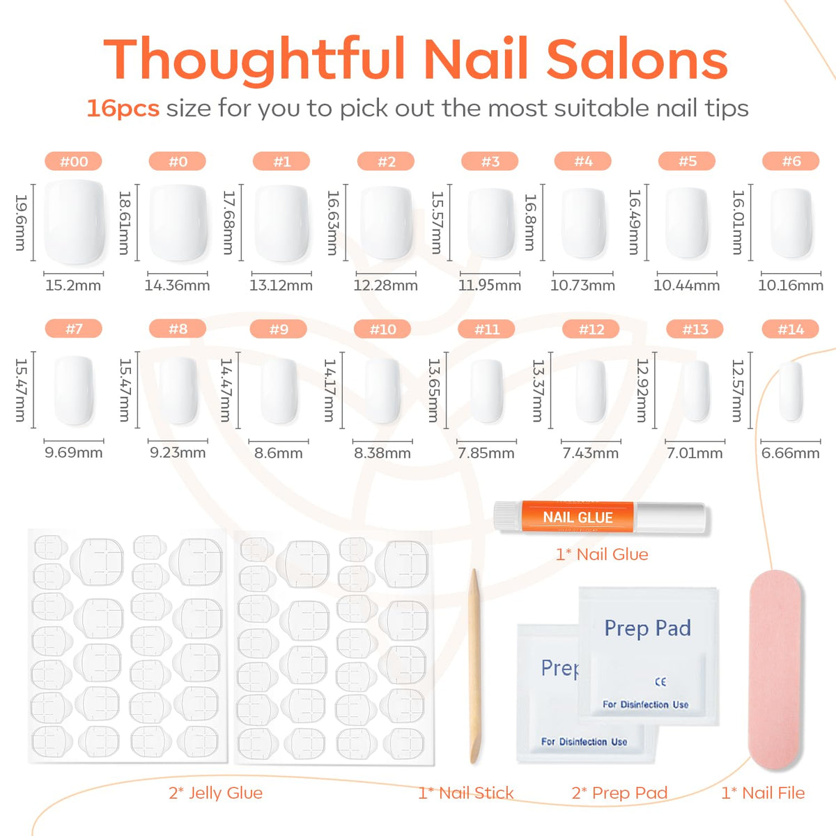 Pure White Press on Nails Short Square 32Pcs 16 Sizes Fake Nails