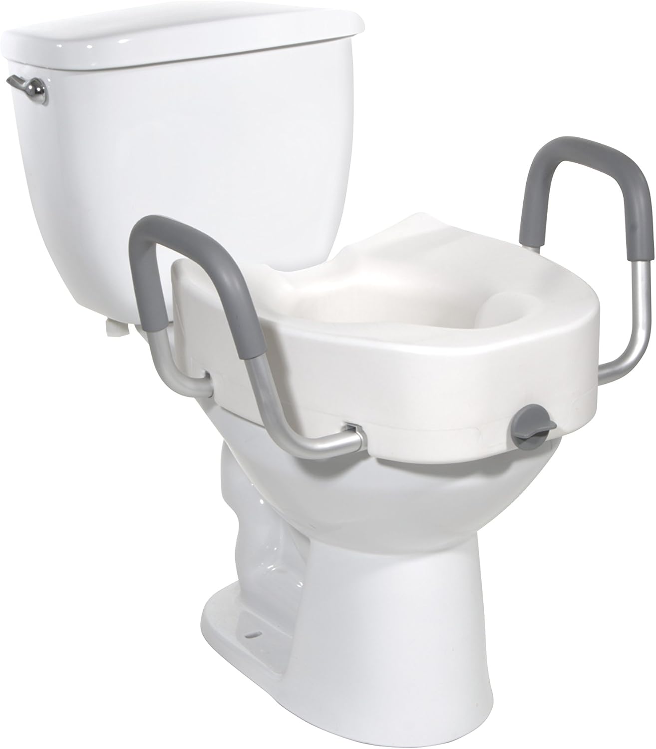 Premium Plastic Raised Toilet Seat with Lock and Padded Armrests, Elongated, Pack of 1