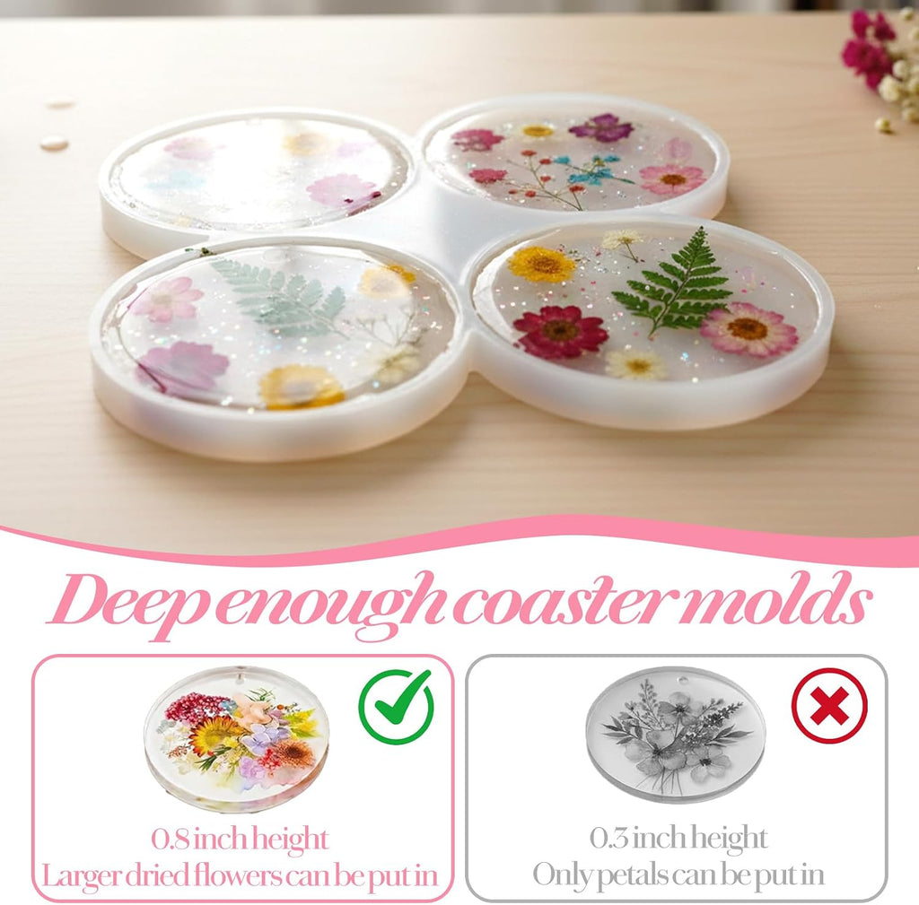 4 Cavity Round Resin Coaster Molds, 3 Inch Epoxy Resin Molds Silicone, Cavity Circle Silicone Mold with Hole for