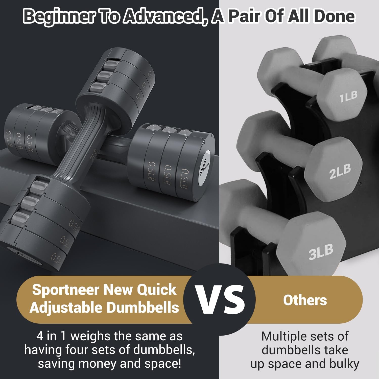 Adjustable Dumbbells Hand Weights Set: 5 lb Dumbbell Set of 2 Each 2lb 3lb 4lb 5lb Free Weights Fast Adjust Weight 4