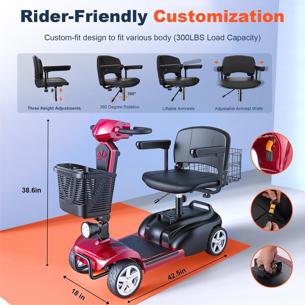 15/25/30/50Miles Eldryvon 4 Wheels Electric Mobility Scooter for Seniors, Dual Basket, 350W Powered Wheelchair with