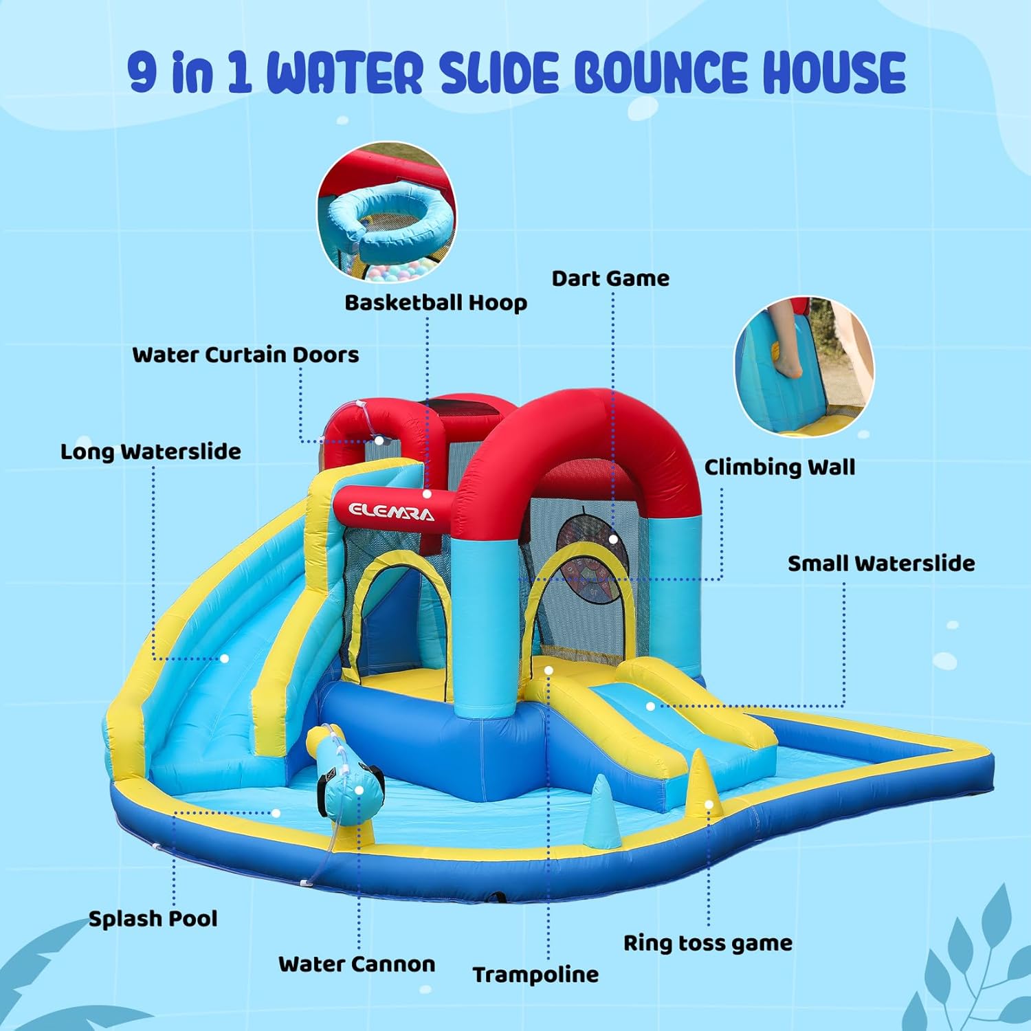Inflatable Water Slide, 9 in 1 Kids Bounce House with 2 Slides, Pool&Trampoline, Fun Dart Game&Ring-toss Game
