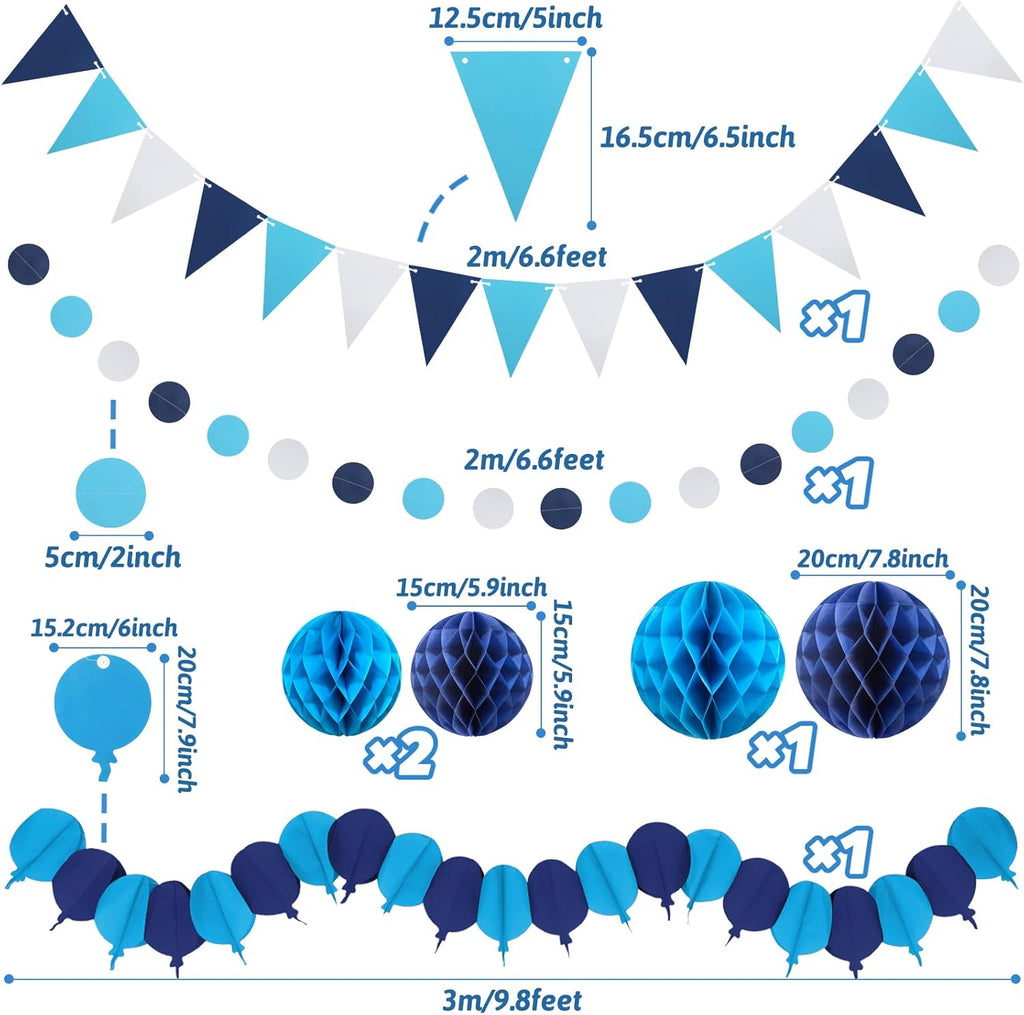 Blue Party Decorations, Easy Assembly Paper Fan Honeycomb Ball Garland Hanging Swirl Navy Blue Party Supplies for Boy