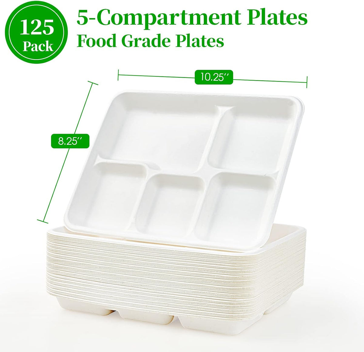 Compostable Disposable 5 Compartment Paper Plates, 10.25inch