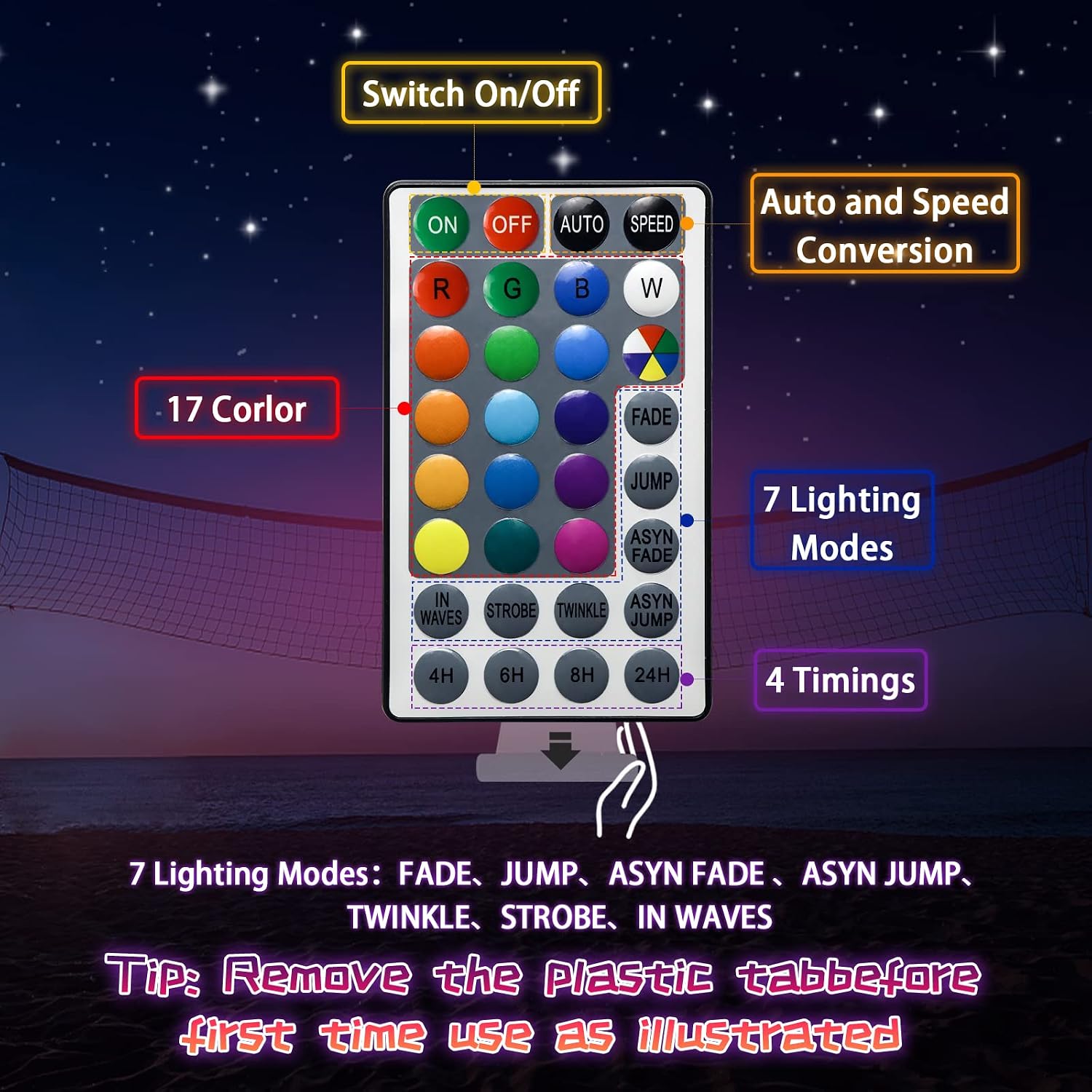Badminton Net Light, 33ft LED Volleyball Net Outdoor String Lights with Remote, 17 Colors 7 Modes Waterproof
