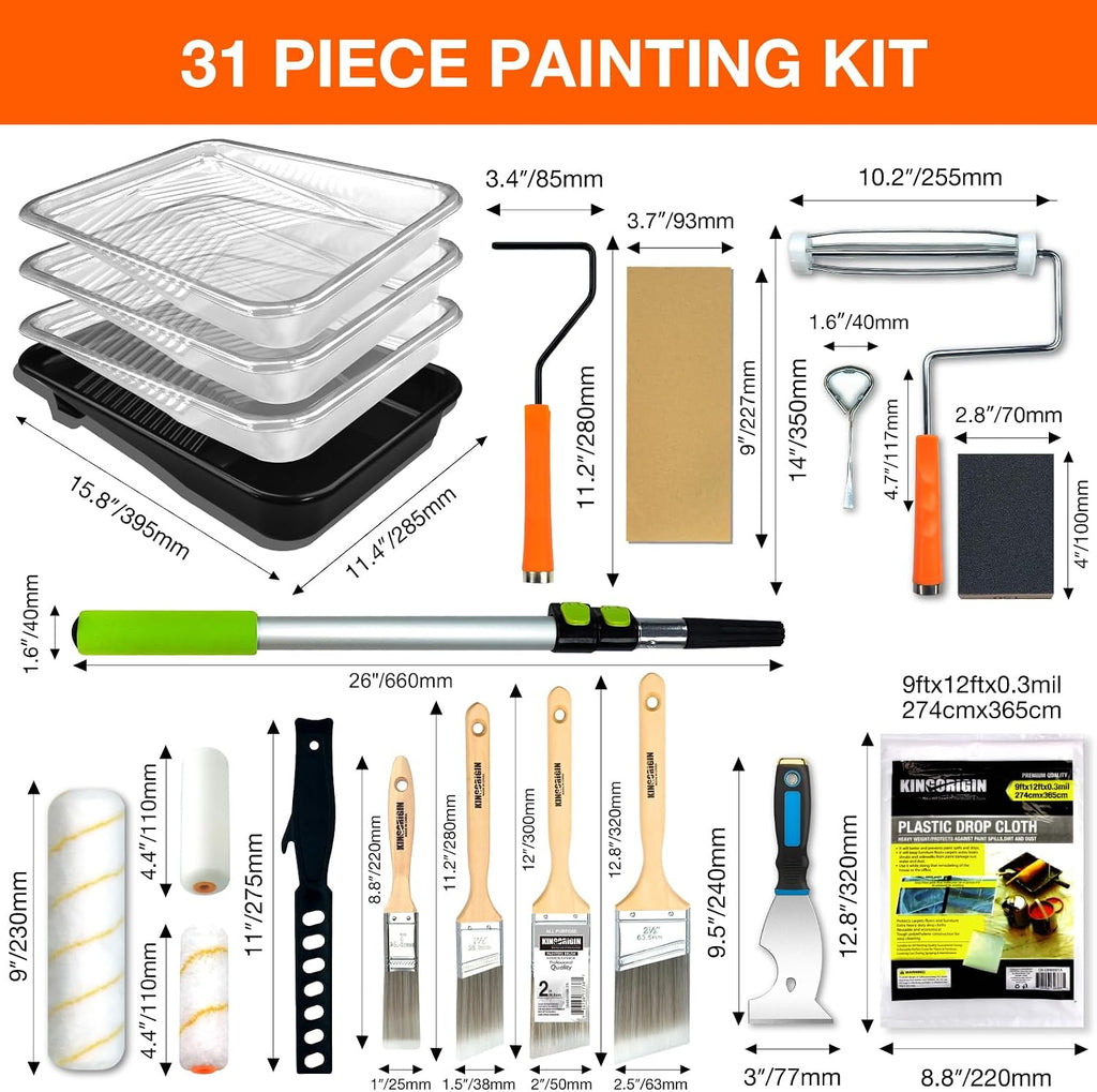 King Origin 31 PCS Paint Roller Kit, Extension Pole (4.75 ft), 4"&9" Paint Roller, Paint Tray & Liners, Brushes |