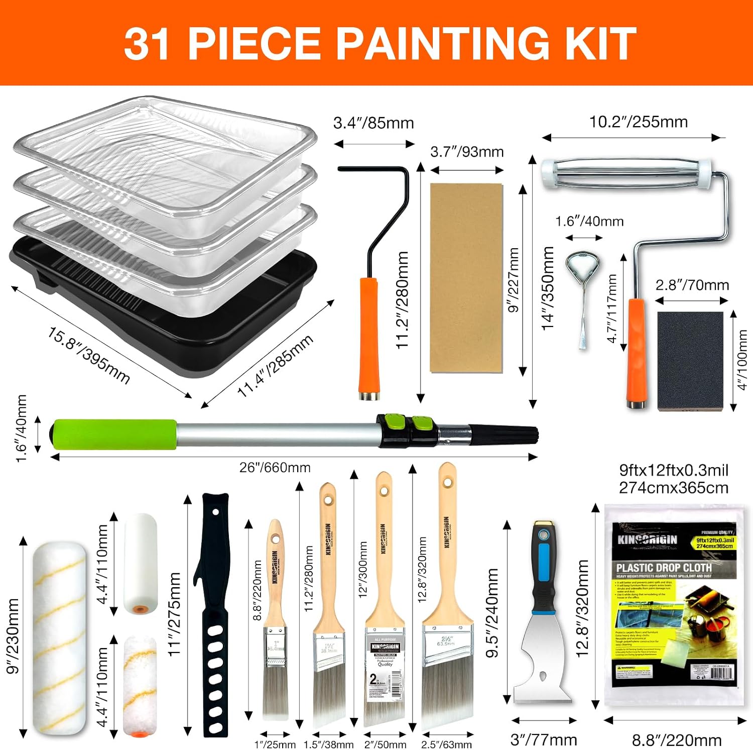 King Origin 31 PCS Paint Roller Kit, Extension Pole (4.75 ft), 4"&9" Paint Roller, Paint Tray & Liners, Brushes |