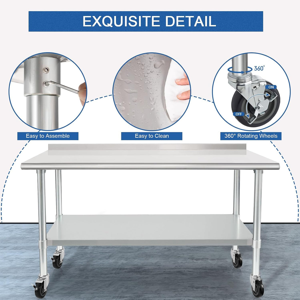 HARDURA Stainless Steel Table with Wheels 30X60 Inches, 2" Backsplash