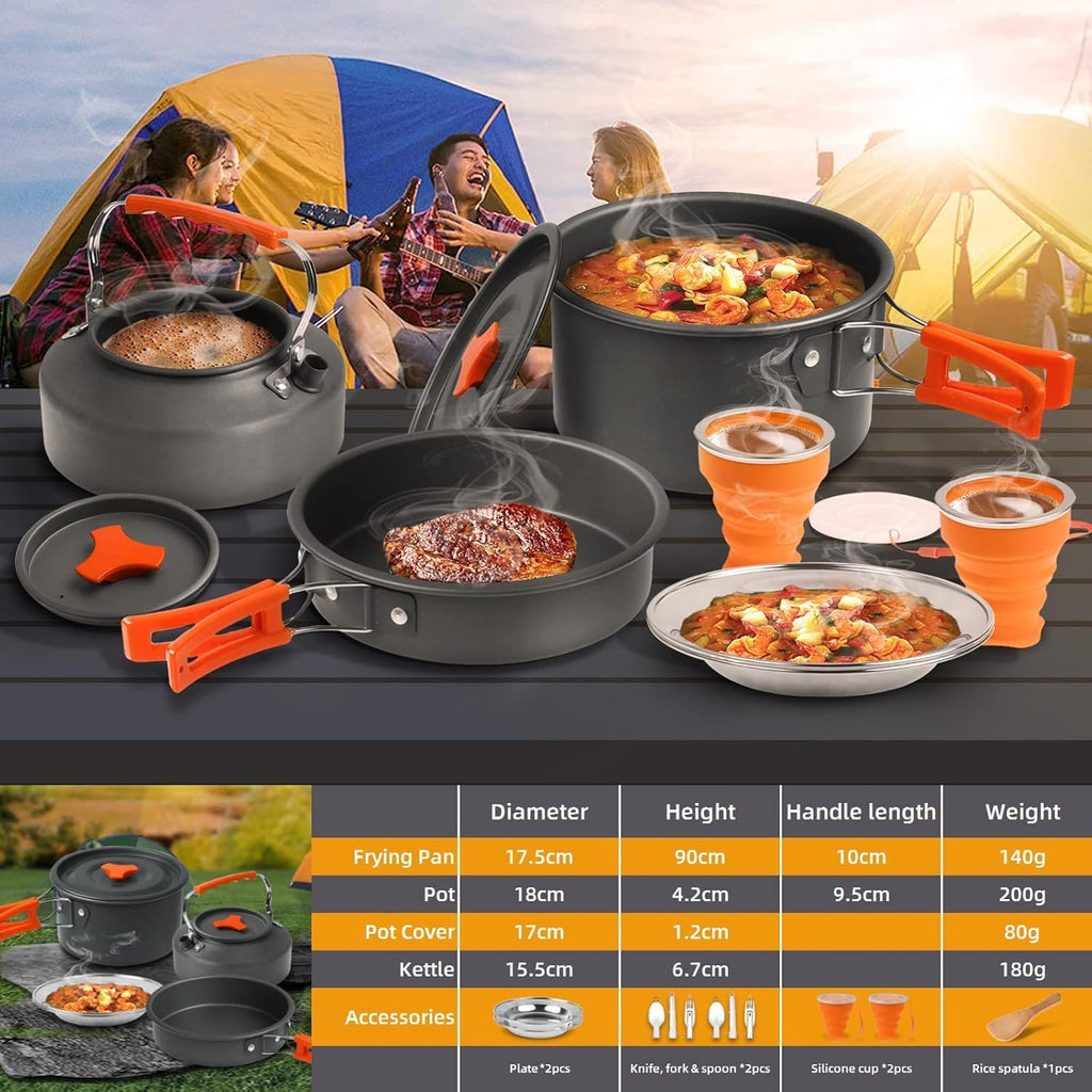 Camping Cooking Set Camping Cookware Outdoor Aluminum Mess Kit with Frying Pan, Pot with Lid, 1.2L Kettle Set and 2