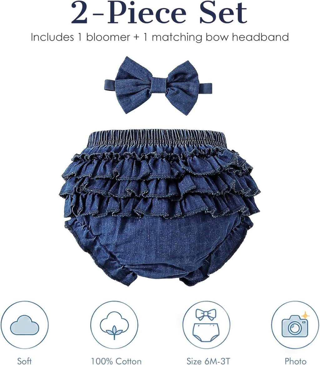 Baby Girl Denim Bloomers Ruffle Diaper Cover Shorts Headband 6M-3T
