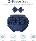 Baby Girl Denim Bloomers Ruffle Diaper Cover Shorts Headband 6M-3T