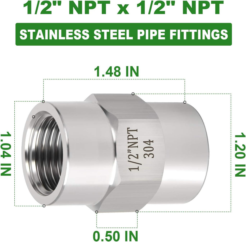TAISHER 5PCS Forging of 304 SS Hex Coupling,1/2" NPT Female Pipe Fitting