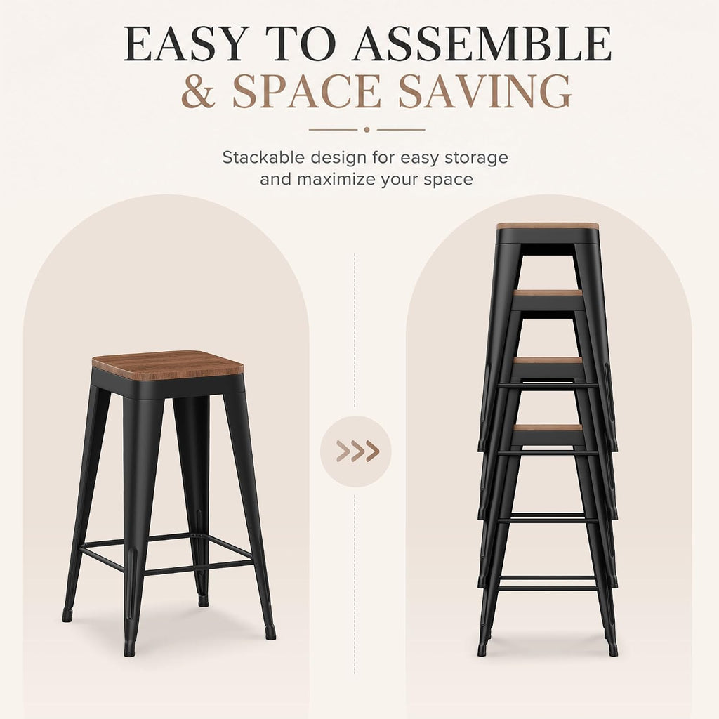 24" Metal Bar Stools Set of 4 Black Counter Height Stools with Wood Seat Stackable Backless Industrial Style Stools