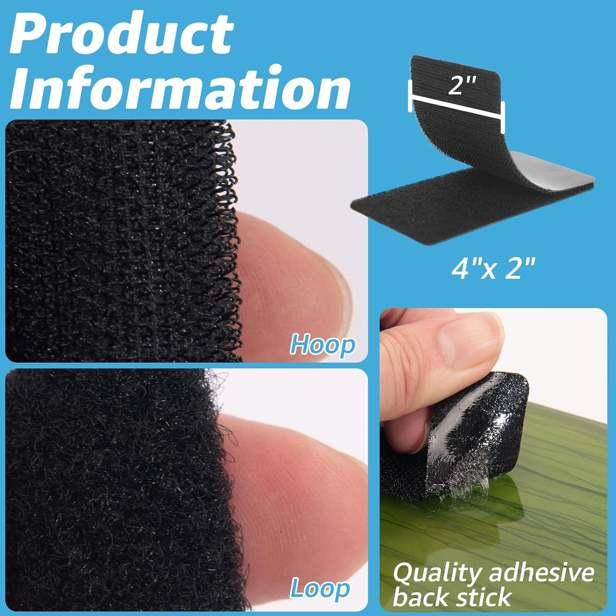 40 Sets Hook and Loop Tape Sticky Back, 4"x2" Double-Sided Adhesive Strip,Heavy Duty