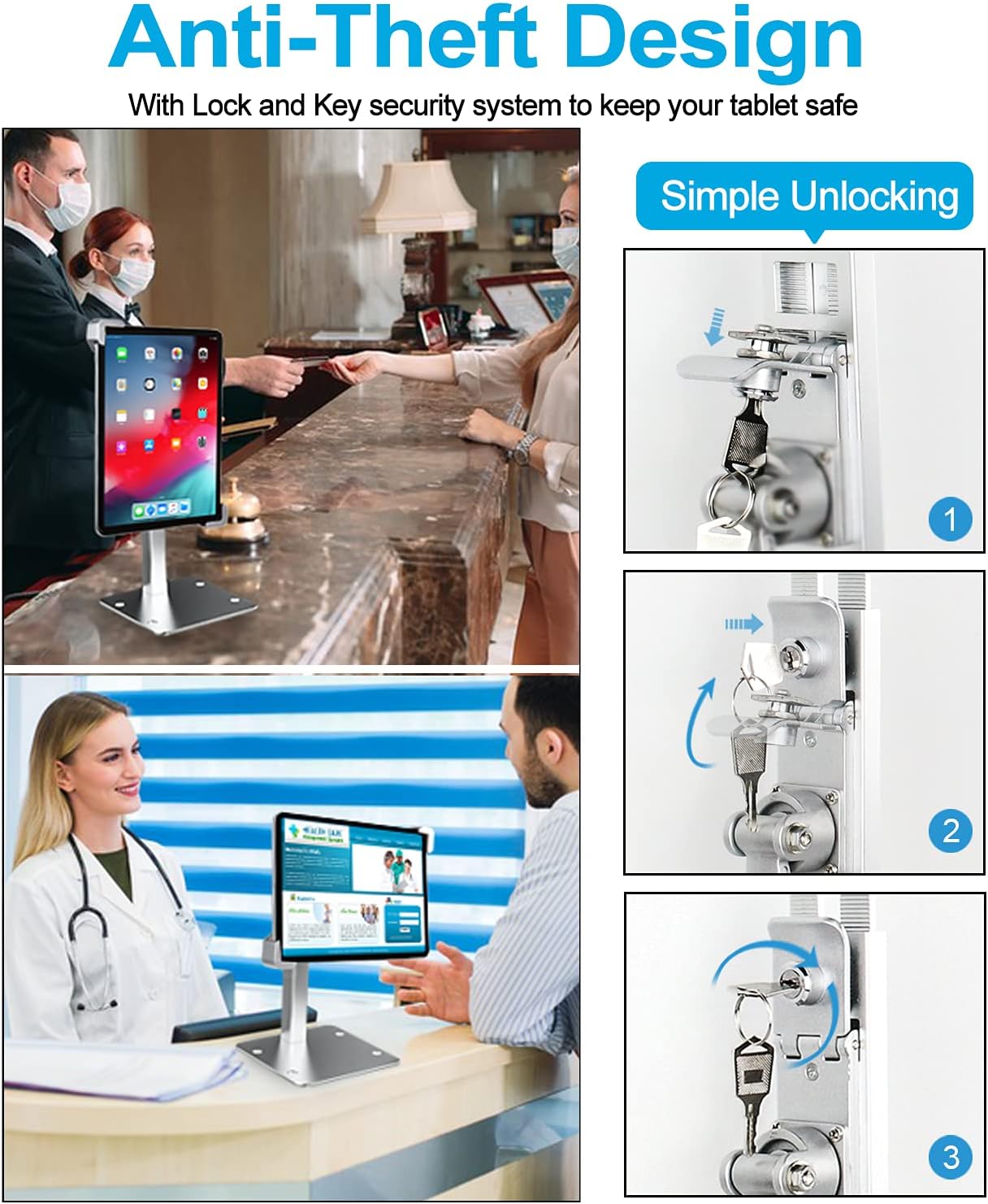 iPad Kiosk Stand, Anti-Theft Tablet POS Holder Desk Mount with Security Lock & Key, Heavy Duty Base & 360° Rotation