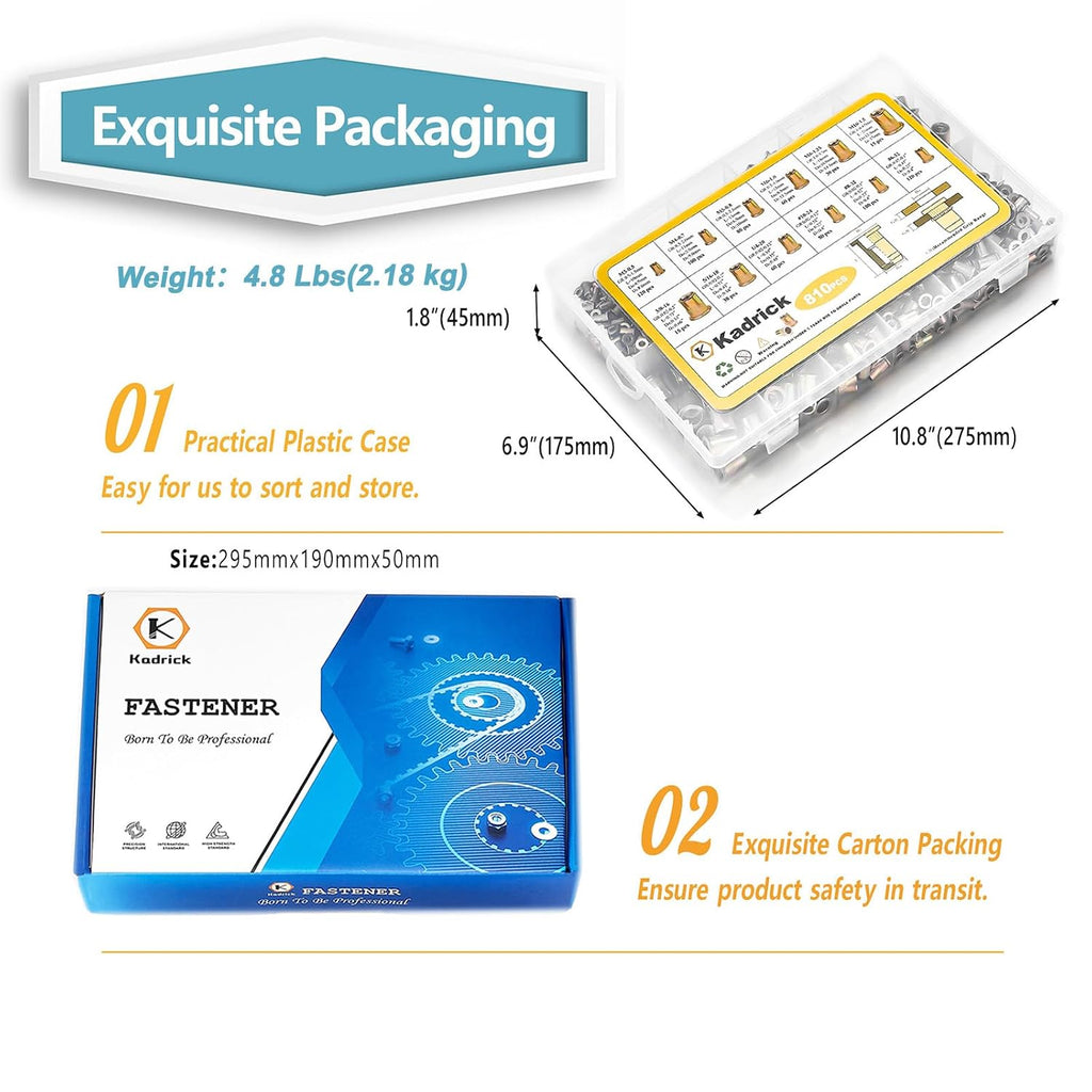 KADRICK 810PCS SAE & Metric Rivet Nut Kit, 6-32 to 3/8-16, M3-M10
