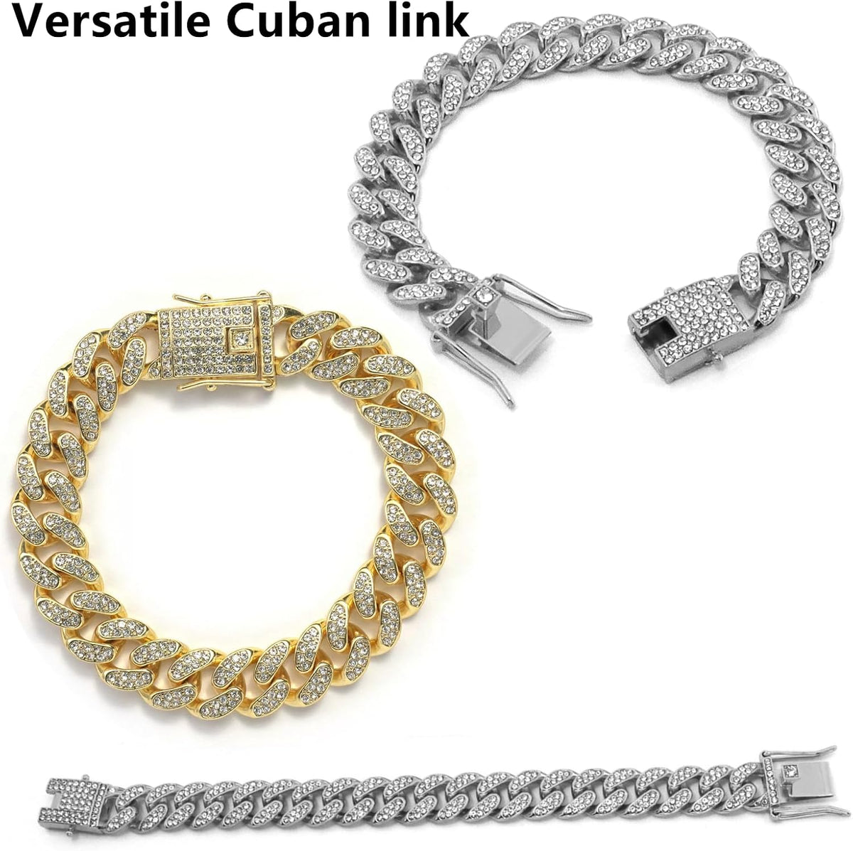 Cat Chain Collar, 2 Pcs Diamond Cuban Link Kitten Walking Collar with Secure Buckle Pet Rhinestones Necklace Metal