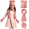 Kids Beanie Scarf Gloves Set, Boys Girls Toddler Winter Warm Fleece Lined Hat with Pom Pom Knit Scarf Mittens 3 in 1
