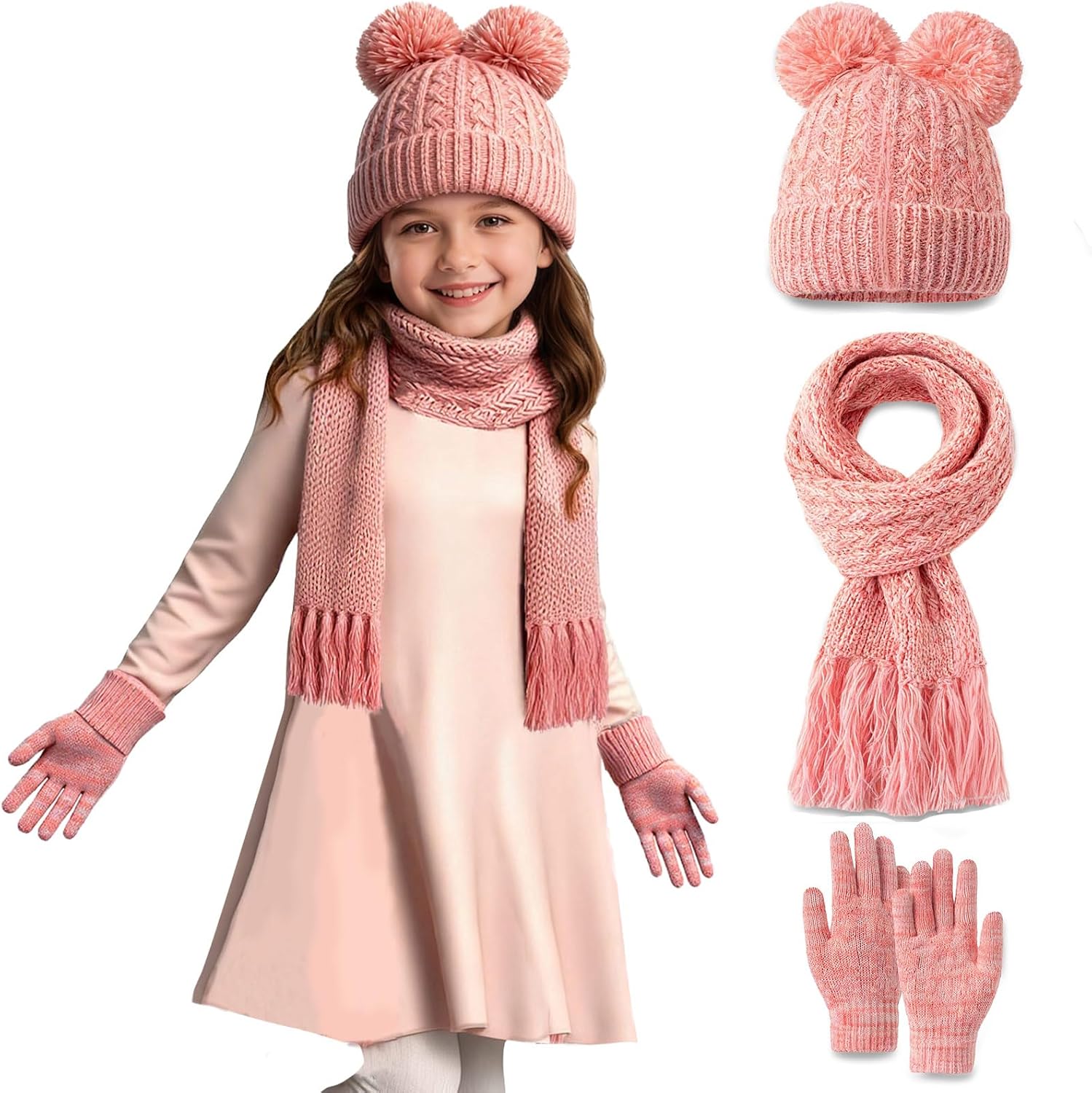 Kids Beanie Scarf Gloves Set, Boys Girls Toddler Winter Warm Fleece Lined Hat with Pom Pom Knit Scarf Mittens 3 in 1