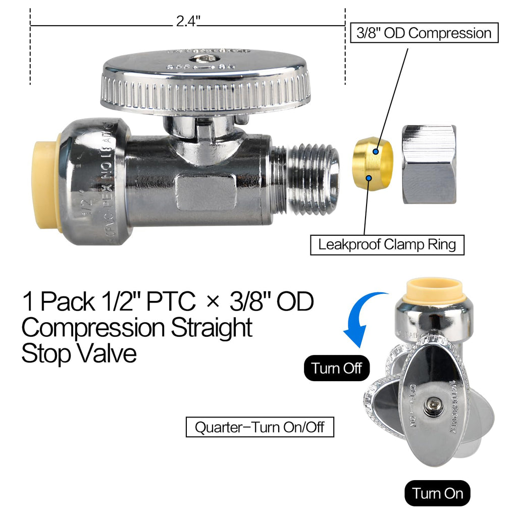 20pcs Straight Stop Valve, 1/2" PTC Input, 3/8" OD Compression Output