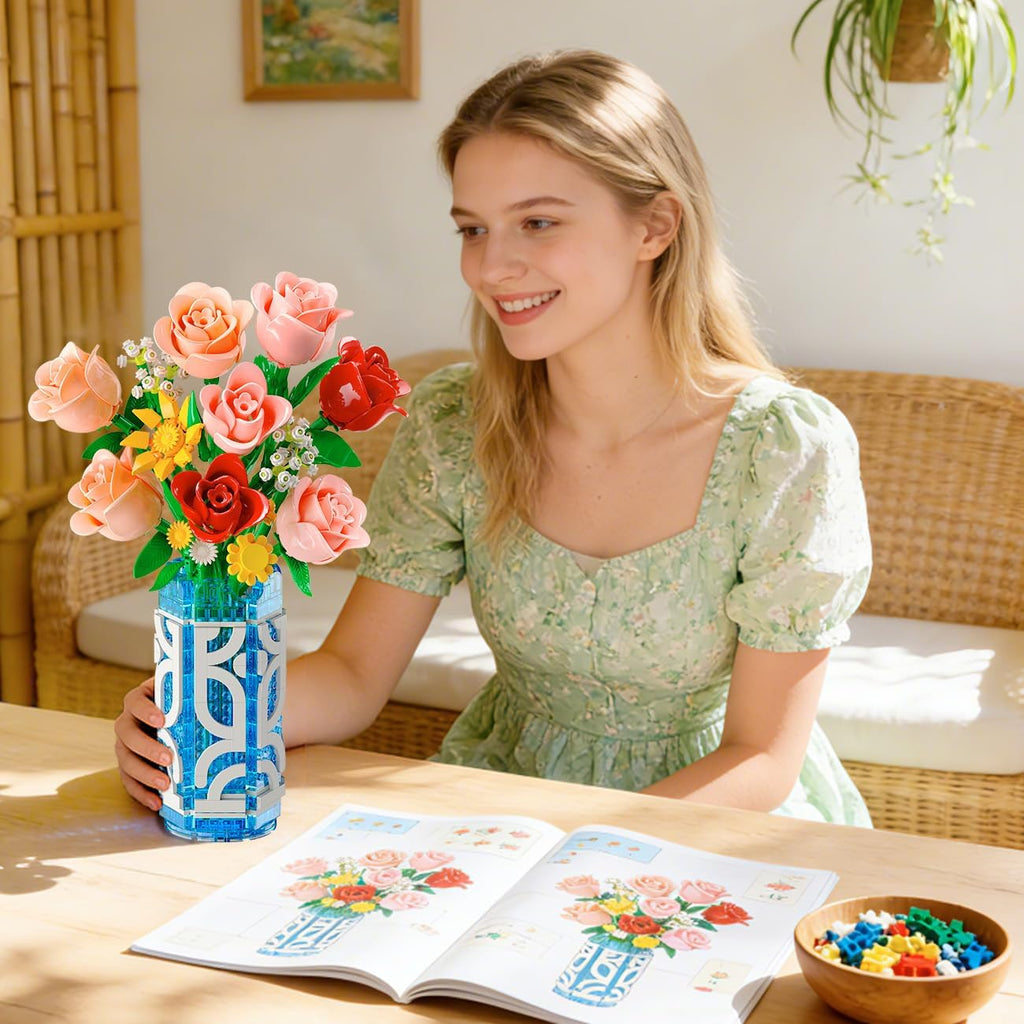 14 Flowers Bouquet Building Set with Vase & LED Light for Adults