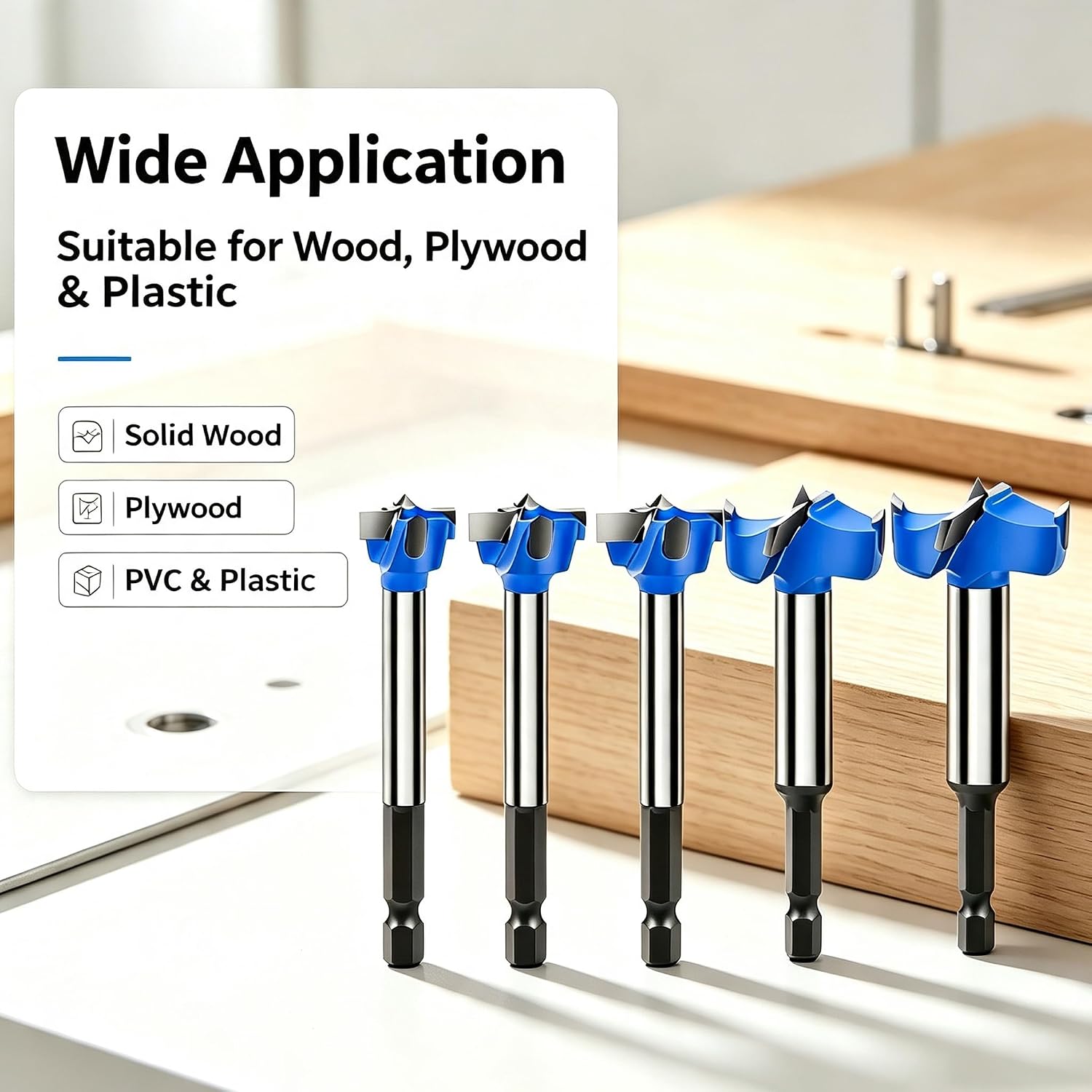 Forstner Drill Bits for Precise Woodworking, 5/8"-1-3/8" Carbide Forstner Bit Set for Wood Plastic Plywood with Hex