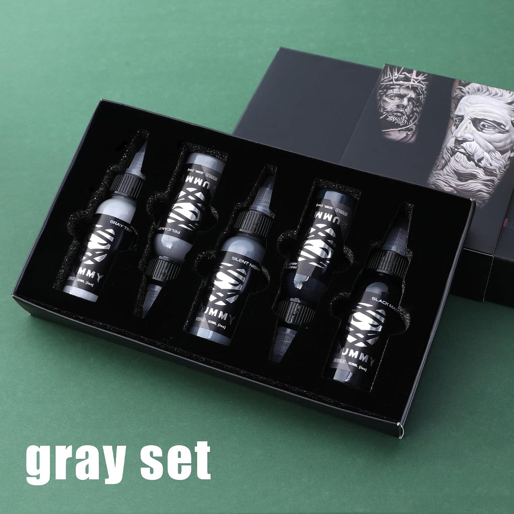 Grey Series Tattoo Ink Set - 5 Bottles (1 oz Each) Includes: Black Magic, Knight's Armor, Silent Night, Pelican Gray