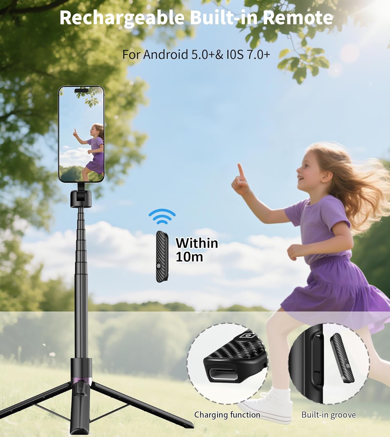 68" Magnetic Aluminum Phone Tripod Selfie Stick for iPhone & Android | Rechargeable Remote,360° Rotatable Foldable