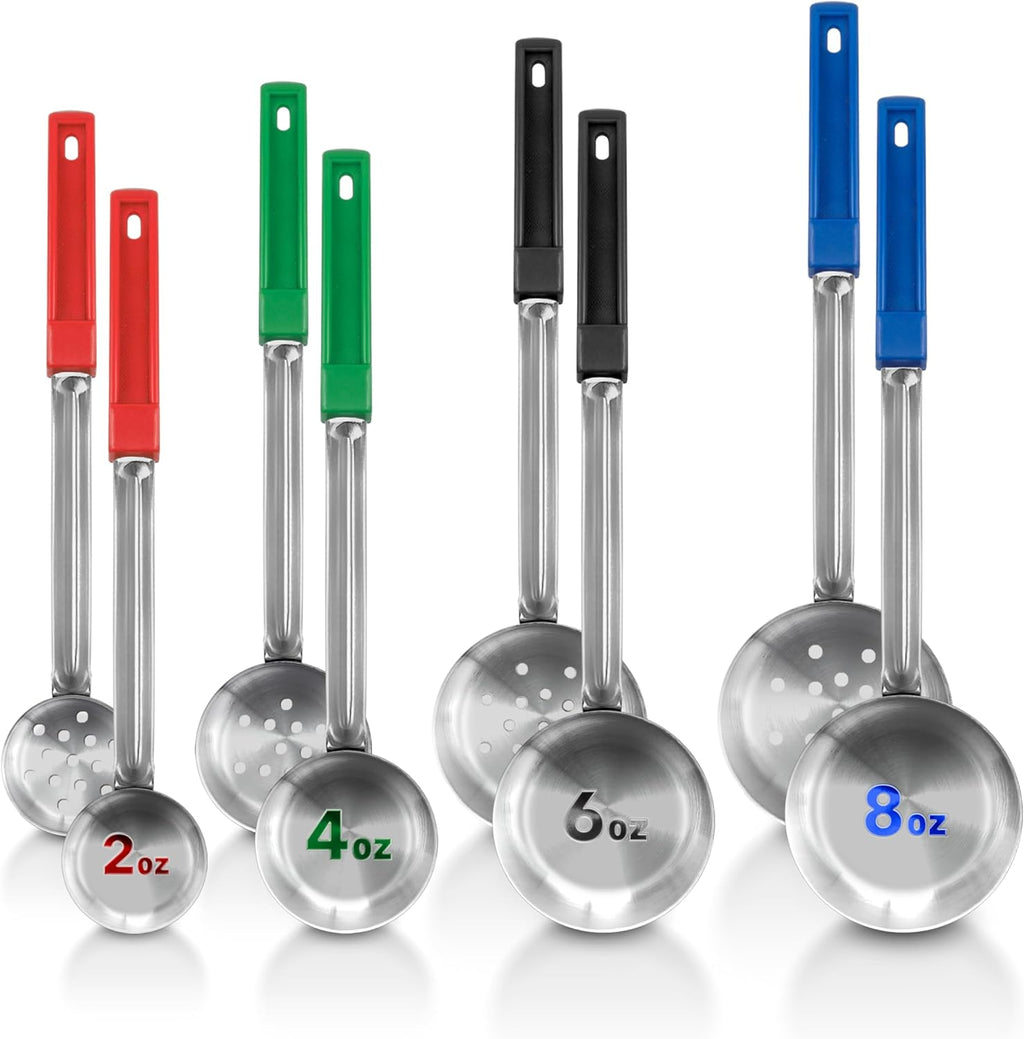 Portion Control Serving Spoons (Set of 8), Slotted & Unslotted Portion Scoops for Food, Heavy Duty Stainless Steel