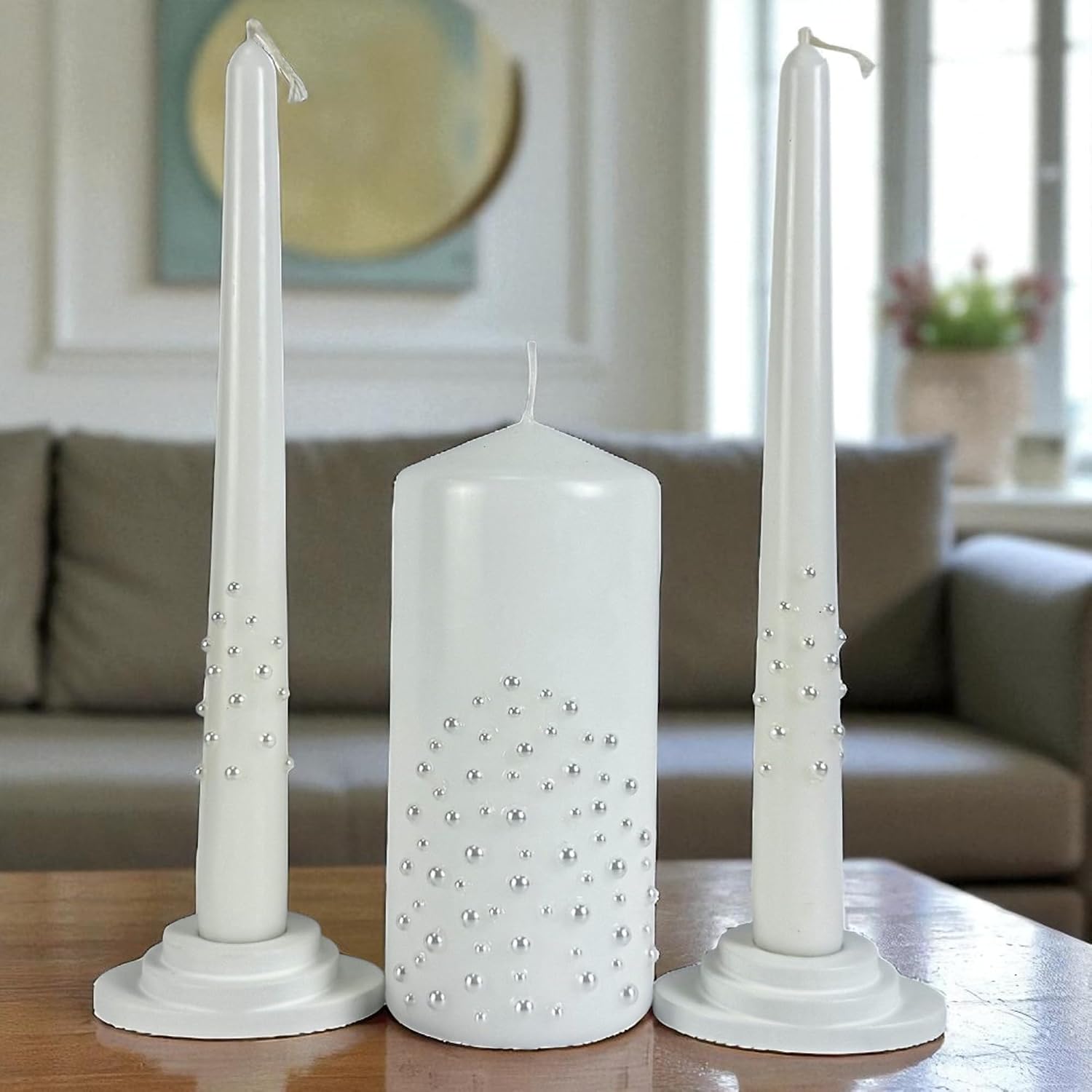 Pearl Cascade Unity Candle Set for Wedding Ceremony & Reception, White Unity Candles 6” Pillar & Two 10” Taper