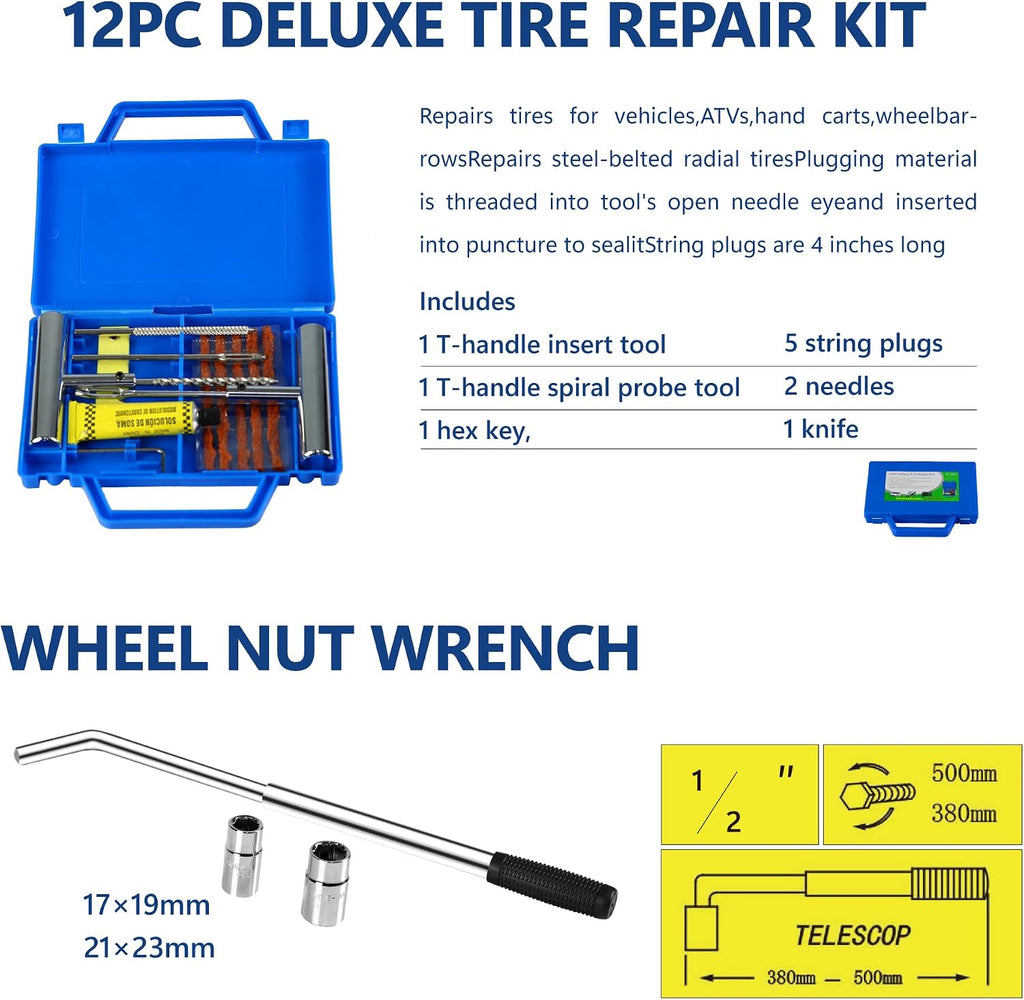 Black+Blue 2 Ton Low Profile Steel Racing Floor Jack with Quick Lift Pump - 2t Jack Stand Tire Repair Kit - Lifting