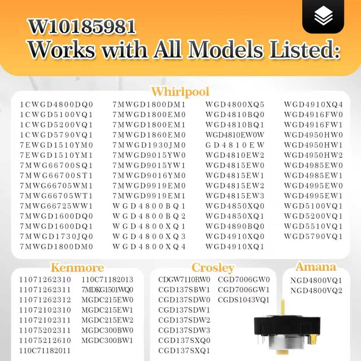 W10185981 WGD4815EW2 MGDC215EW2 MGDC300BW1 WGD4800XQ4 Dryer Timer